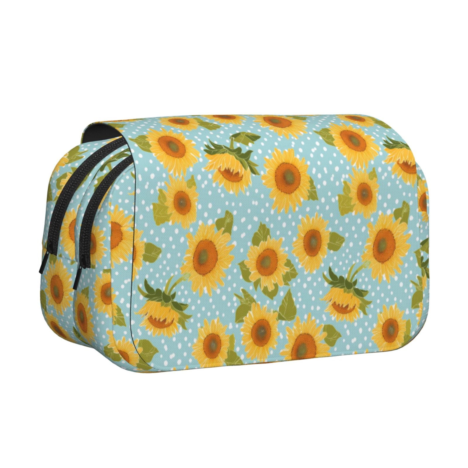 Rateoe White Polka Dot Sunflower A Pattern Double Clamshell Pen Case, Storage Organizer with Two Zipper Compartments– Holds Up to 50 Pencils & Pens