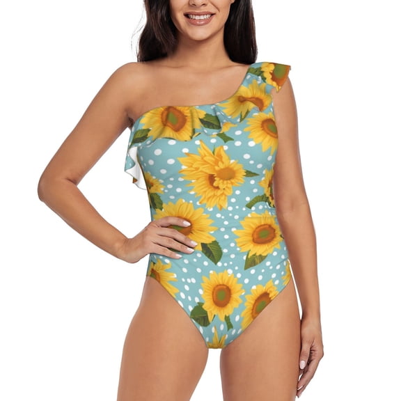 Rateoe White Polka Dot Sunflower Pattern Women One Piece Swimsuits Tummy Control One Shoulder Bathing Suits Ruffle Swimwear-
