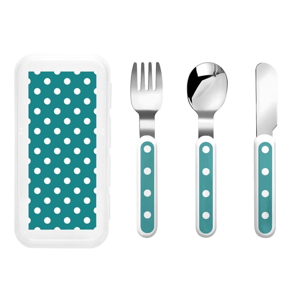 Rateoe White Polka Dots With Teal Background for Stainless Steel Kids Silverware Set - Child and Toddler Safe Flatware - Children's Knife, Fork And Spoon Set