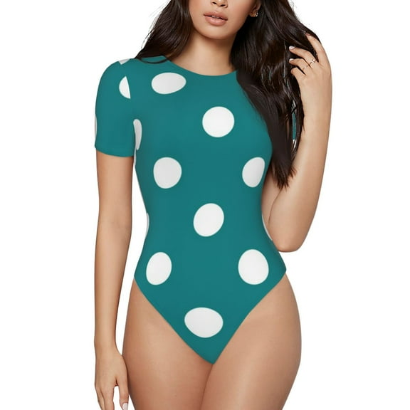 Rateoe White Polka Dots With Teal Background Printed Women Rash Guard Short Sleeve,Tummy control Swimsuit Surfing Swimsuit Bathing Suit Short-sleeved Onesie UPF 50 -Large