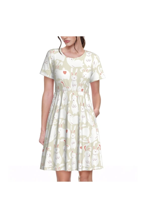 White Rabbit Pattern Women’s Short Sleeve Dress – Casual Elegant Summer A-Line Dress for Everyday Wear