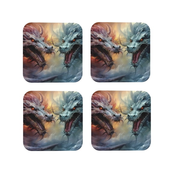 Rateoe White And Red Storm Dragon Drawing Drink Coasters Set of 4 Leather Coasters Spill Protection for Table Desk,Durable and Non Slip Leather Coaster ,4 Inches Drink Mats-Square