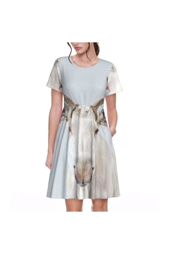 White Reindeer Portrait Pattern Women’s Short Sleeve Dress – Casual Elegant Summer A-Line Dress for Everyday Wear