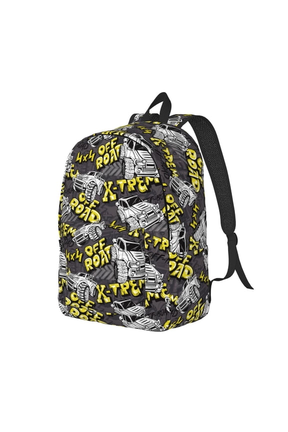 White Retro Off-Road Vehicle Pattern Durable Canvas Backpack for Men & Women – Stylish & Lightweight – Adjustable Straps, Multiple Pockets – Fits 15-17 Inch LaptopsSmall