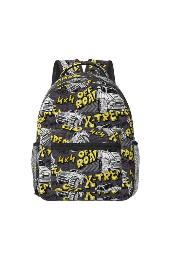 White Retro Off-Road Vehicle Pattern Durable Student Backpack Laptop Bag- Ergonomic Design, Waterproof Twill Fabric - Ideal for School, Travel, and Outdoor Activities