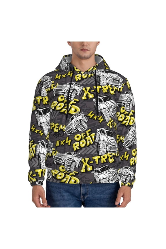 White Retro Off-Road Vehicle Pattern Mens Hoodie, Pullover Hooded Sweatshirt, Kangaroo Pocket Hoodie Ideal for Daily Wear, Travel and Home-3X-Large