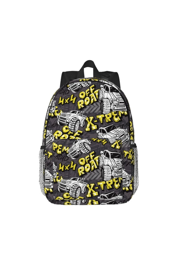 White Retro Off-Road Vehicle Pattern Student Backpack Water-resistant Backpack 15-inch Laptop Backpack Lightweight Adjustable School Backpack