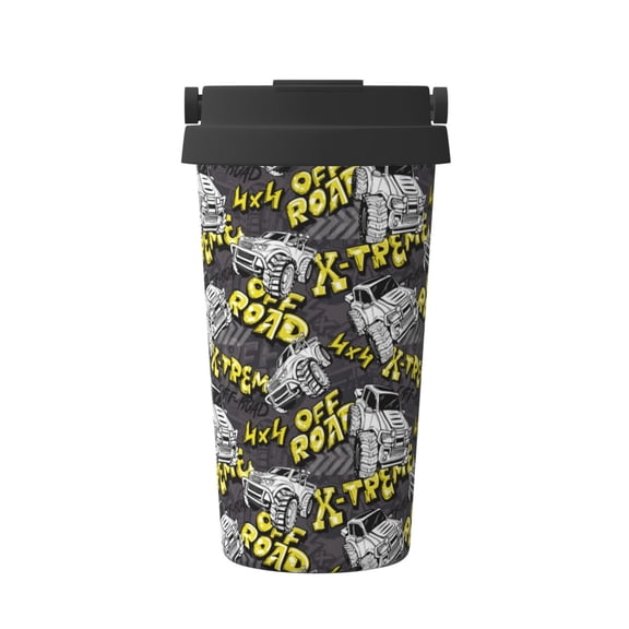 Rateoe White Retro Off-Road Vehicle Pattern Travel Coffee Mug Tumbler with Flip Lid | Reusable Insulated Stainless Steel Cold Brew Iced Coffee Cup Thermos
