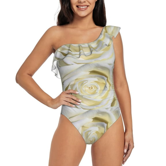 Rateoe White Rose Pattern Women One Piece Swimsuits Tummy Control One Shoulder Bathing Suits Ruffle Swimwear-