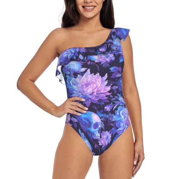 Rateoe White Skull Flower Pattern Women One Piece Swimsuits Tummy Control One Shoulder Bathing Suits Ruffle Swimwear-