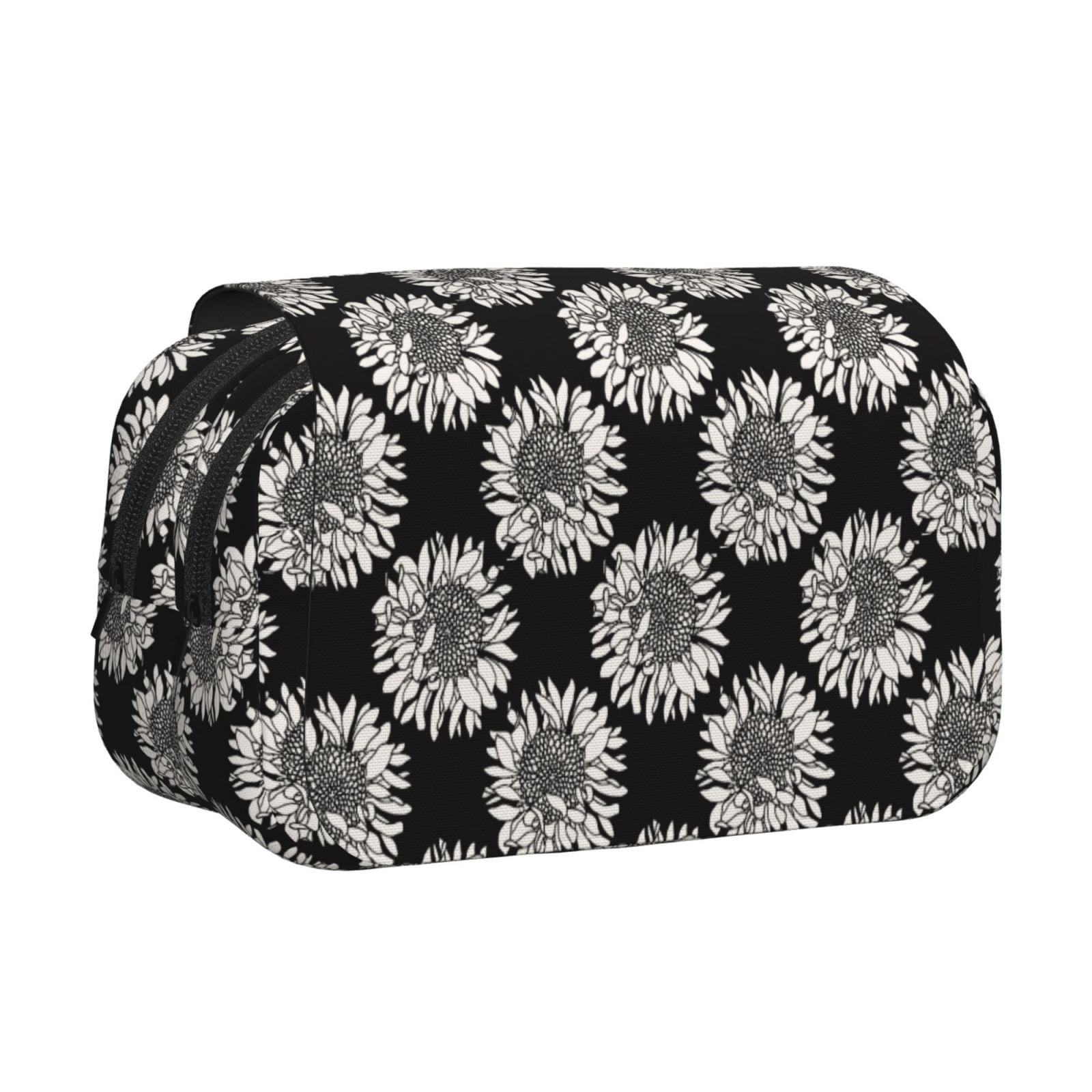 Rateoe White Sunflowers Pattern Double Clamshell Pen Case, Storage Organizer with Two Zipper Compartments– Holds Up to 50 Pencils & Pens