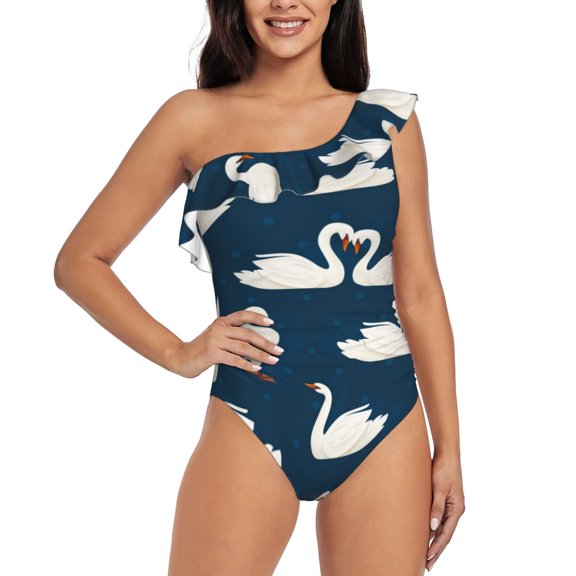 Rateoe White Swam Pattern Women One Piece Swimsuits Tummy Control One Shoulder Bathing Suits Ruffle Swimwear-
