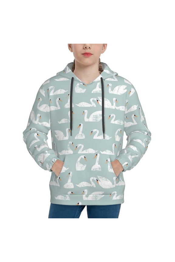 White Swan Pattern Boys Hoodie, Youth Pullover Hooded Sweatshirt, Kangaroo Pocket Hoodie for Kids-Medium