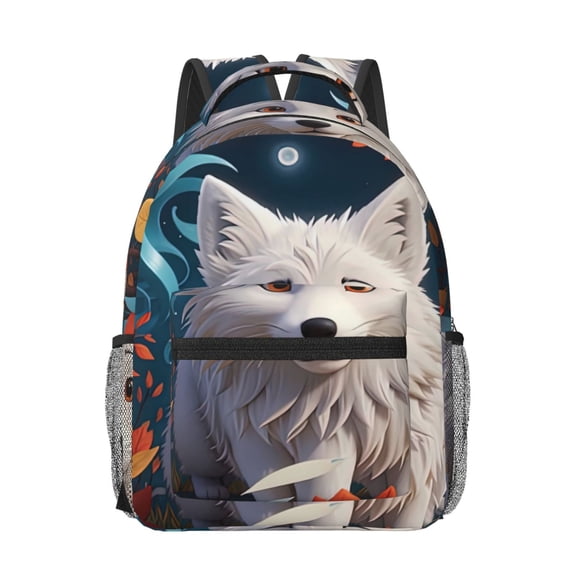 Rateoe White Wolf With Flowers Pattern Durable Student Backpack Laptop Bag- Ergonomic Design, Waterproof Twill Fabric - Ideal for School, Travel, and Outdoor Activities