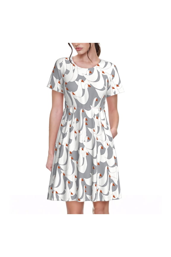 White goose Pattern Women’s Short Sleeve Dress – Casual Elegant Summer A-Line Dress for Everyday Wear