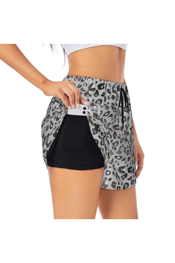 Wild Animal Leopard Print Printed 2 in 1 Women's Workout Shorts for Athletic Gym Running Shorts with Phone Pockets-X-Large