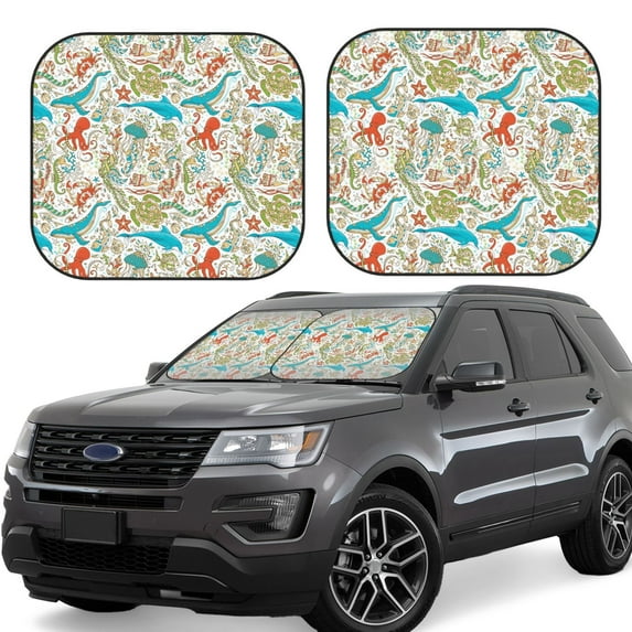 Rateoe Wild Sea Life Pattern 2 Piece Car Windshield Sun Shade Foldable | Front Windshield Shade for Sun, Heat and UV Rays | Sunshade for Car Front Window-Small