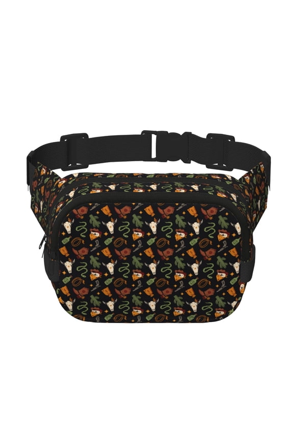 Wild West Cowboy Print Fanny Pack Belt Bag for Women and Men, Square Double-Layer Waterproof Waist Pack with Adjustable Strap for Hiking, Jogging, Cycling