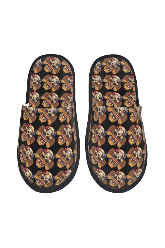 Wild West Cowboy Skull Pattern Fuzzy Slippers Fuzzy Soft House Slippers Plush Furry Warm Cozy Open Toe Fluffy Home Shoes-Large