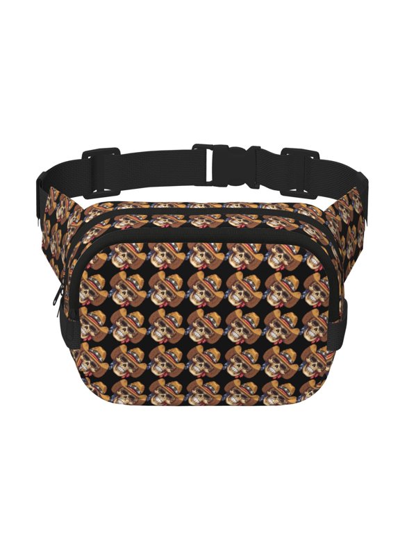 Wild West Cowboy Skull Print Fanny Pack Belt Bag for Women and Men, Square Double-Layer Waterproof Waist Pack with Adjustable Strap for Hiking, Jogging, Cycling