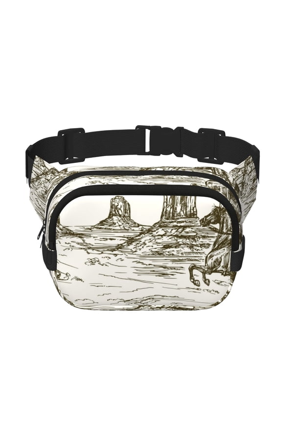 Wild West Desert With Cowboy Print Fanny Pack Belt Bag for Women and Men, Square Double-Layer Waterproof Waist Pack with Adjustable Strap for Hiking, Jogging, Cycling