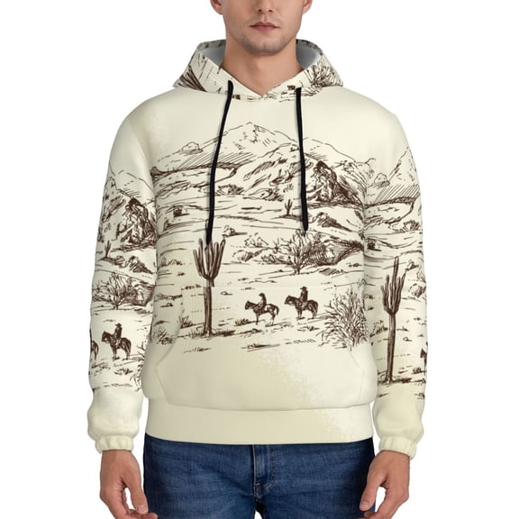 Rateoe Wild West Desert With Cowboys Pattern Mens Hoodie, Pullover Hooded Sweatshirt, Kangaroo Pocket Hoodie Ideal for Daily Wear, Travel and Home-4X-Large