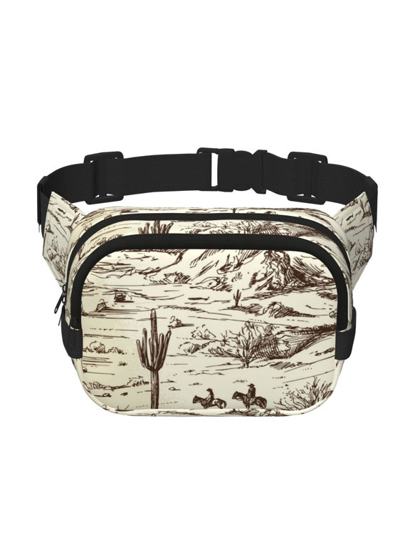 Wild West Desert With Cowboys Print Fanny Pack Belt Bag for Women and Men, Square Double-Layer Waterproof Waist Pack with Adjustable Strap for Hiking, Jogging, Cycling