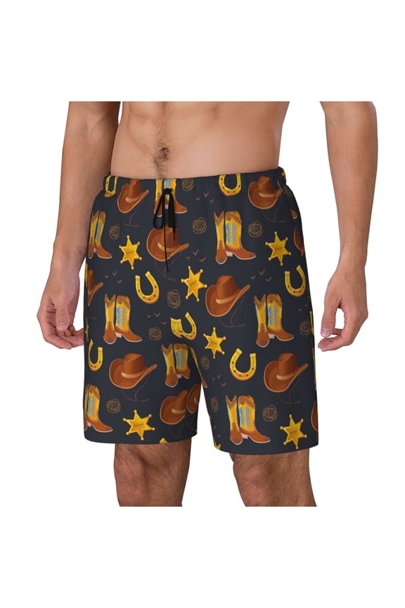Wild West Golden Horseshoe Pattern Men’s Swim Shorts with Compression Liner – Double-Layered Quick-Dry Swimwear, Comfortable & Stretchy Beach Shorts-X-Large