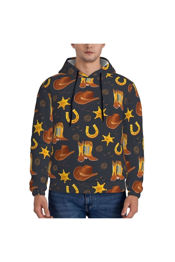 Wild West Golden Horseshoe Pattern Mens Hoodie, Pullover Hooded Sweatshirt, Kangaroo Pocket Hoodie Ideal for Daily Wear, Travel and Home-Small