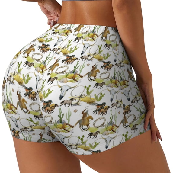 Rateoe Wild West Western Printed Power Workout Shorts for Women Tummy Control Squat Proof Ribbed Thick Seamless Scrunch Active Short-Medium