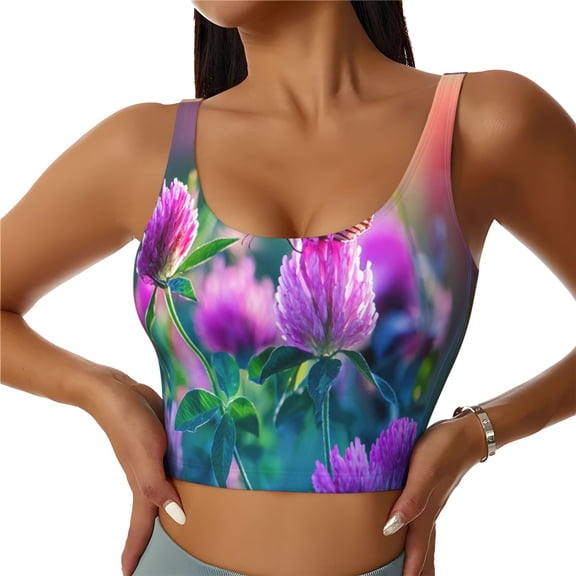 Rateoe Wild flowers of clover and butterfly Print Womens' Sports Bras Scoop Neck Sports Vest- Padded U Back Seamless High Impact Support-XX-Large