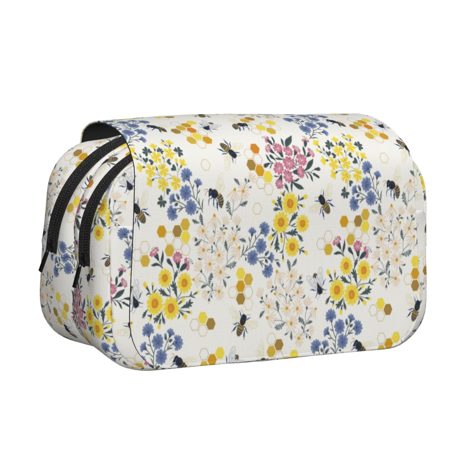 Rateoe Wildflower Honeybee Pattern Double Clamshell Pen Case, Storage Organizer with Two Zipper Compartments– Holds Up to 50 Pencils & Pens