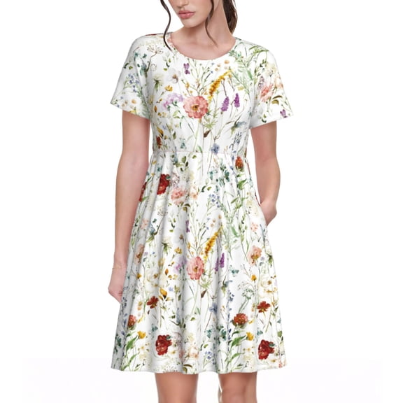 Rateoe Wildflower Watercolor Pattern Women’s Short Sleeve Dress – Casual Elegant Summer A-Line Dress for Everyday Wear