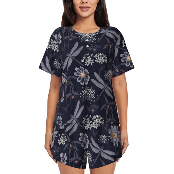 Rateoe Wildflowers And Dragonflies Pattern Women's Short-Sleeved Pajama Set - 2 Piece Soft and Lightweight Sleepwear Set-3X-Large