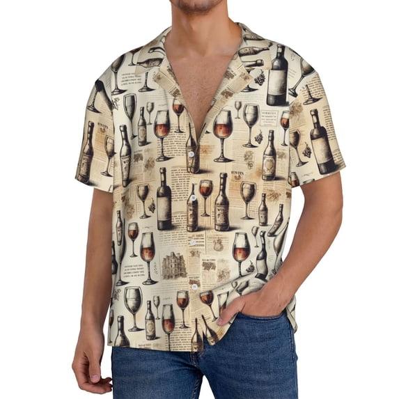 Rateoe Wine 1 Pattern Men's Short Sleeve Classic Shirt, Casual Short-Sleeved Shirt, Lightweight Summer Shirt, Cuban Collar Shirt,Button-Front Shirt-Medium