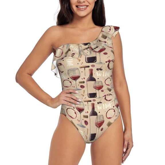 Rateoe Wine Glasses Pattern Women One Piece Swimsuits Tummy Control One Shoulder Bathing Suits Ruffle Swimwear-Large