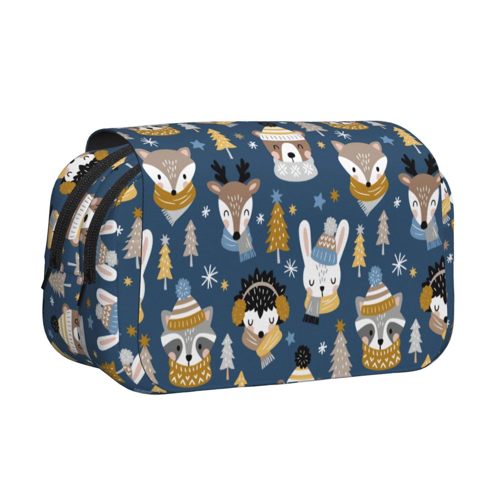 Rateoe Winter Animal Friends Pattern Double Clamshell Pen Case, Storage Organizer with Two Zipper Compartments– Holds Up to 50 Pencils & Pens