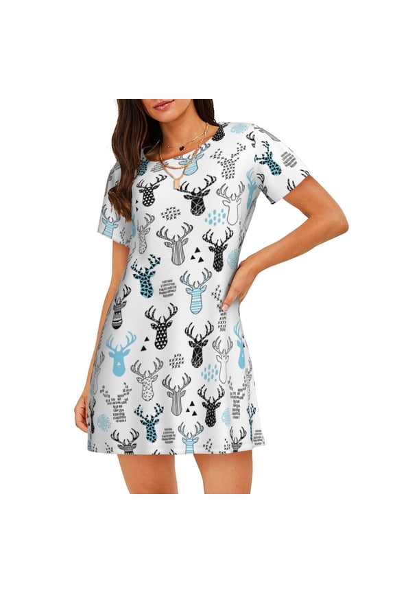 Winter Art Blue and Black Moose Print Women’s Nightdress – Cozy Cotton Short-sleeved Sleep Shirt, Loose-Fit Sleepwear, Perfect for Relaxing and Sleeping