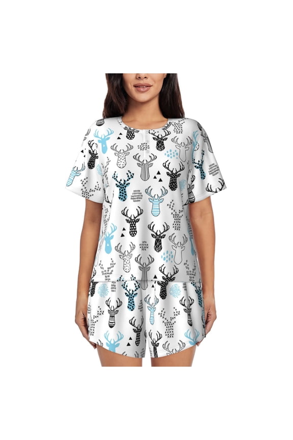 Winter Art Blue and Black Moose Pattern Women's Short-Sleeved Pajama Set - 2 Piece Soft and Lightweight Sleepwear Set-XX-Large