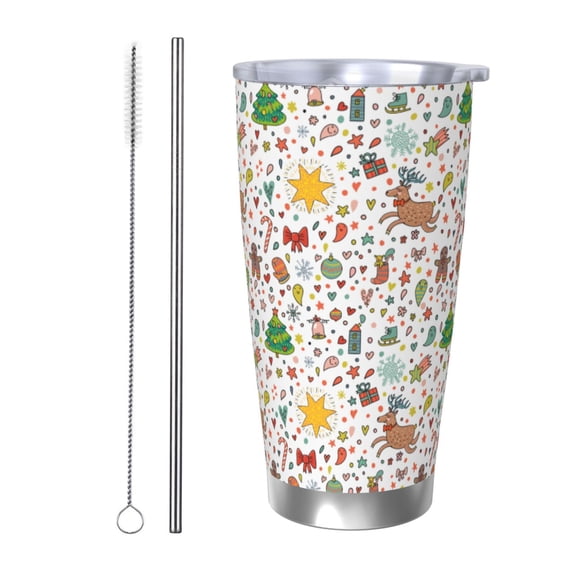 Rateoe Winter Christmas And New Year Deer Printed Car Guy Gifts for Men Women Tumbler - 20oz/590ml Vacuum Insulated Stainless Steel Travel Tumbler Cups with Lid & Straw-Straw Two-piece Set