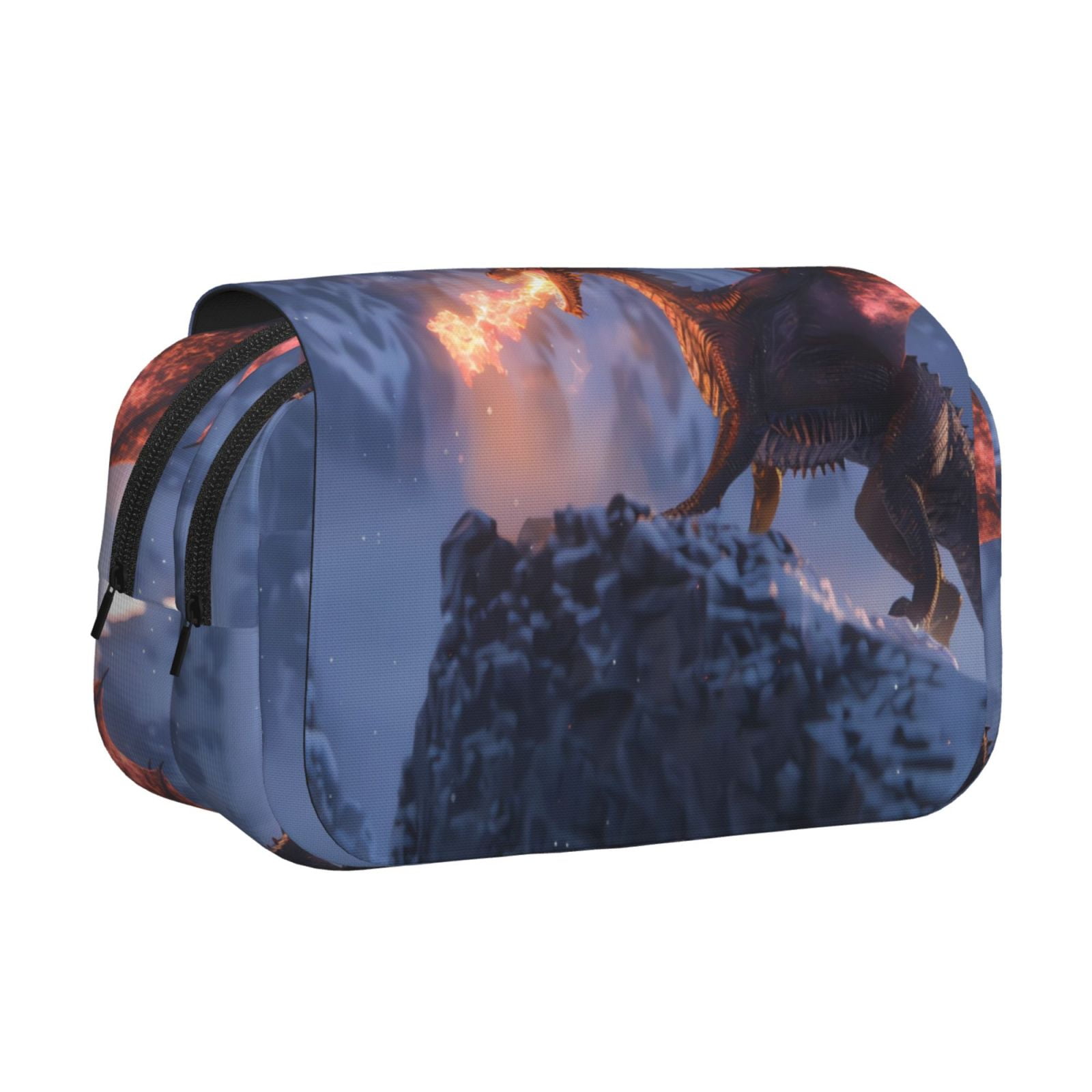 Rateoe Winter Fire Dragon Pattern Double Clamshell Pen Case, Storage Organizer with Two Zipper Compartments– Holds Up to 50 Pencils & Pens