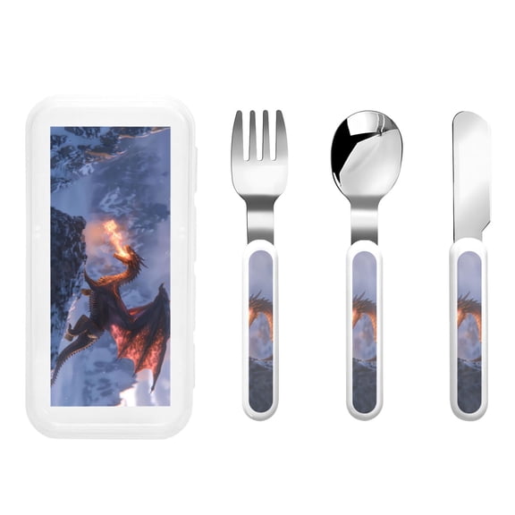 Rateoe Winter Fire Dragon for Stainless Steel Kids Silverware Set - Child and Toddler Safe Flatware - Children's Knife, Fork And Spoon Set