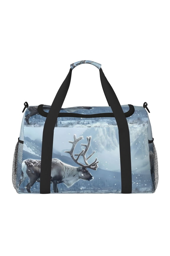 Winter Reindeer In Snowy Mountains Pattern Gym Bag for Women, Duffle Bag for Travel with Wet Pocket, Carry on Weekender Bags for Women, Water Resistant Travel Bag Duffel Bag