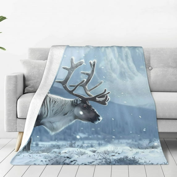 Rateoe Winter Reindeer In Snowy Mountains Print Fuzzy Fleece Throw Blanket Extra Large,Super Soft,Fluffy and Warm Blankets for Couch,Bed,All Season Use (40"x30")
