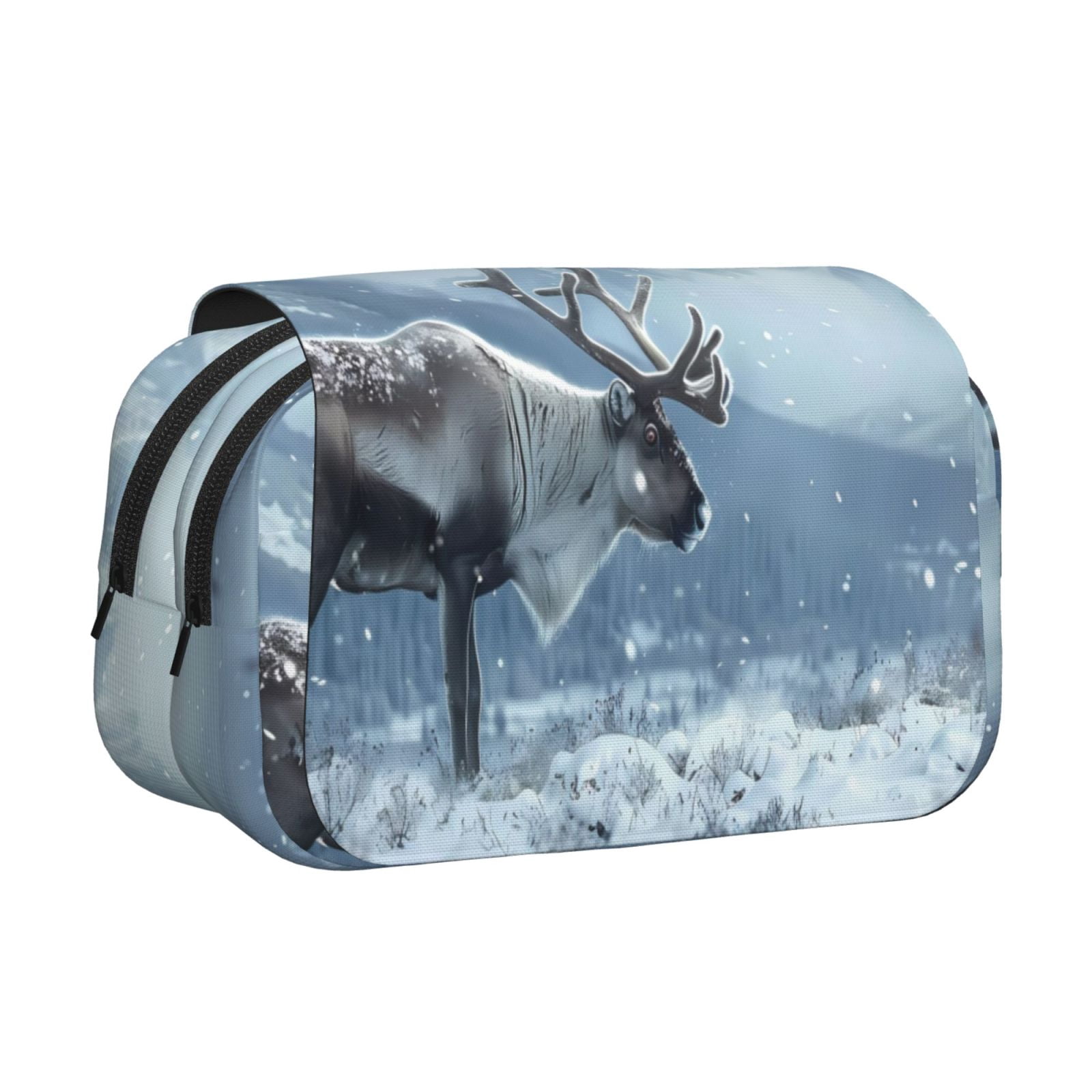 Rateoe Winter Reindeer In Snowy Mountains Pattern Double Clamshell Pen Case, Storage Organizer with Two Zipper Compartments– Holds Up to 50 Pencils & Pens