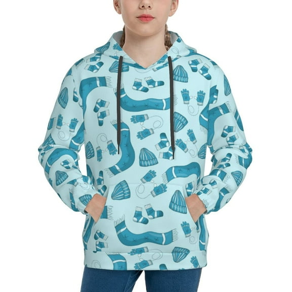 Rateoe Winter Warmth Blue Knitted Pattern Boys Hoodie, Youth Pullover Hooded Sweatshirt, Kangaroo Pocket Hoodie for Kids-X-Large