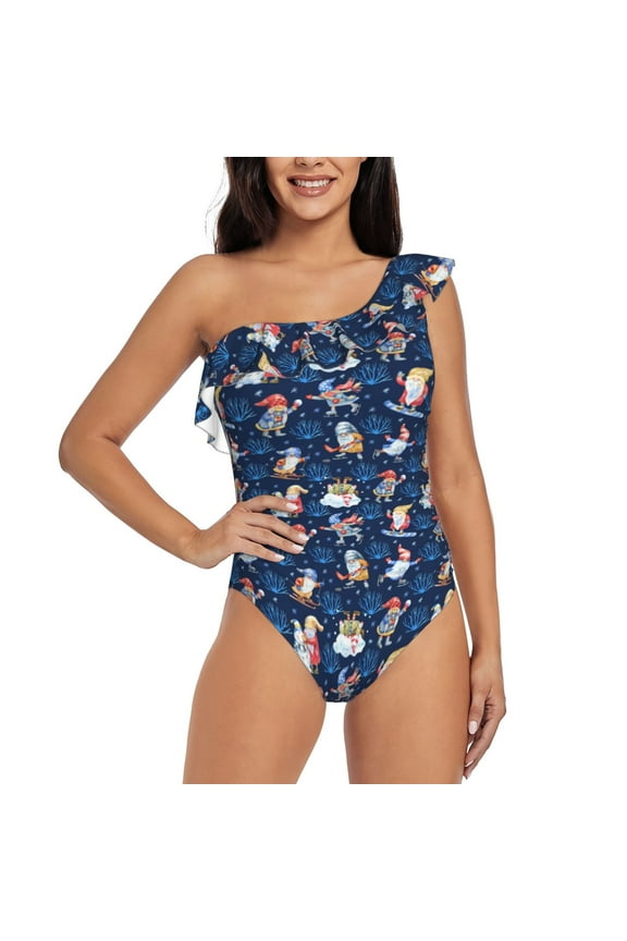 Winter old man Playtime Pattern Women One Piece Swimsuits Tummy Control One Shoulder Bathing Suits Ruffle Swimwear-Small