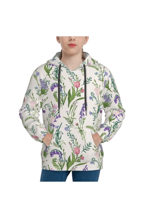 Wisteria Flower Pattern Boys Hoodie, Youth Pullover Hooded Sweatshirt, Kangaroo Pocket Hoodie for Kids-Large