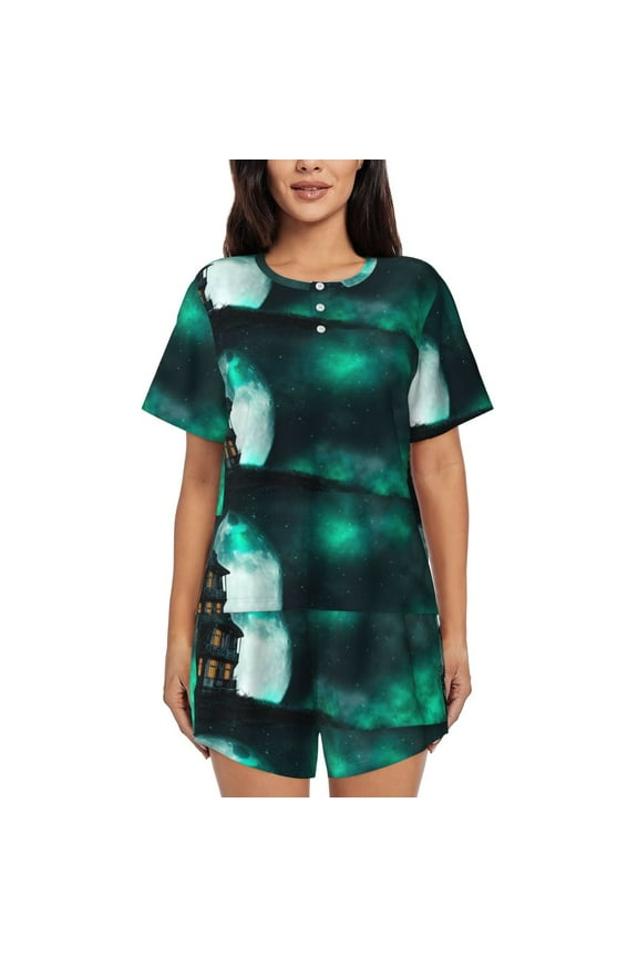 Witch House On The Hill for 2 Piece Short Sleeves Pajama Sets Casual Lounge Sleepwear Ladies Pjs Sets with Pocket-Medium