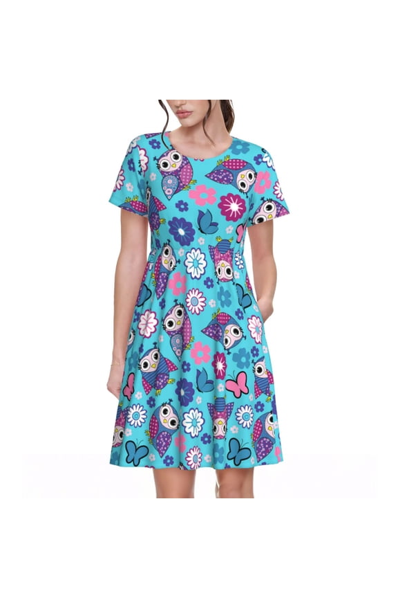 Wls And Flowers Pattern Women’s Short Sleeve Dress – Casual Elegant Summer A-Line Dress for Everyday Wear